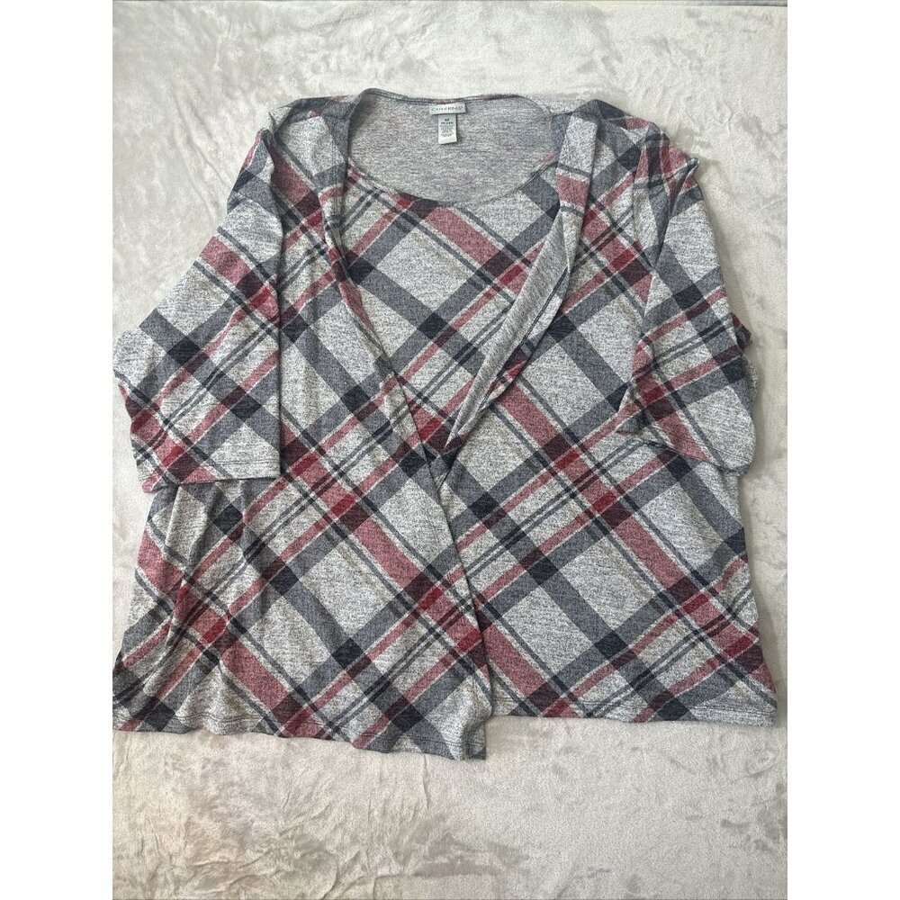 Women’s Catherines Top Plaid Gray Red Black Built-In Cardigan Plus Size 3X 26/28